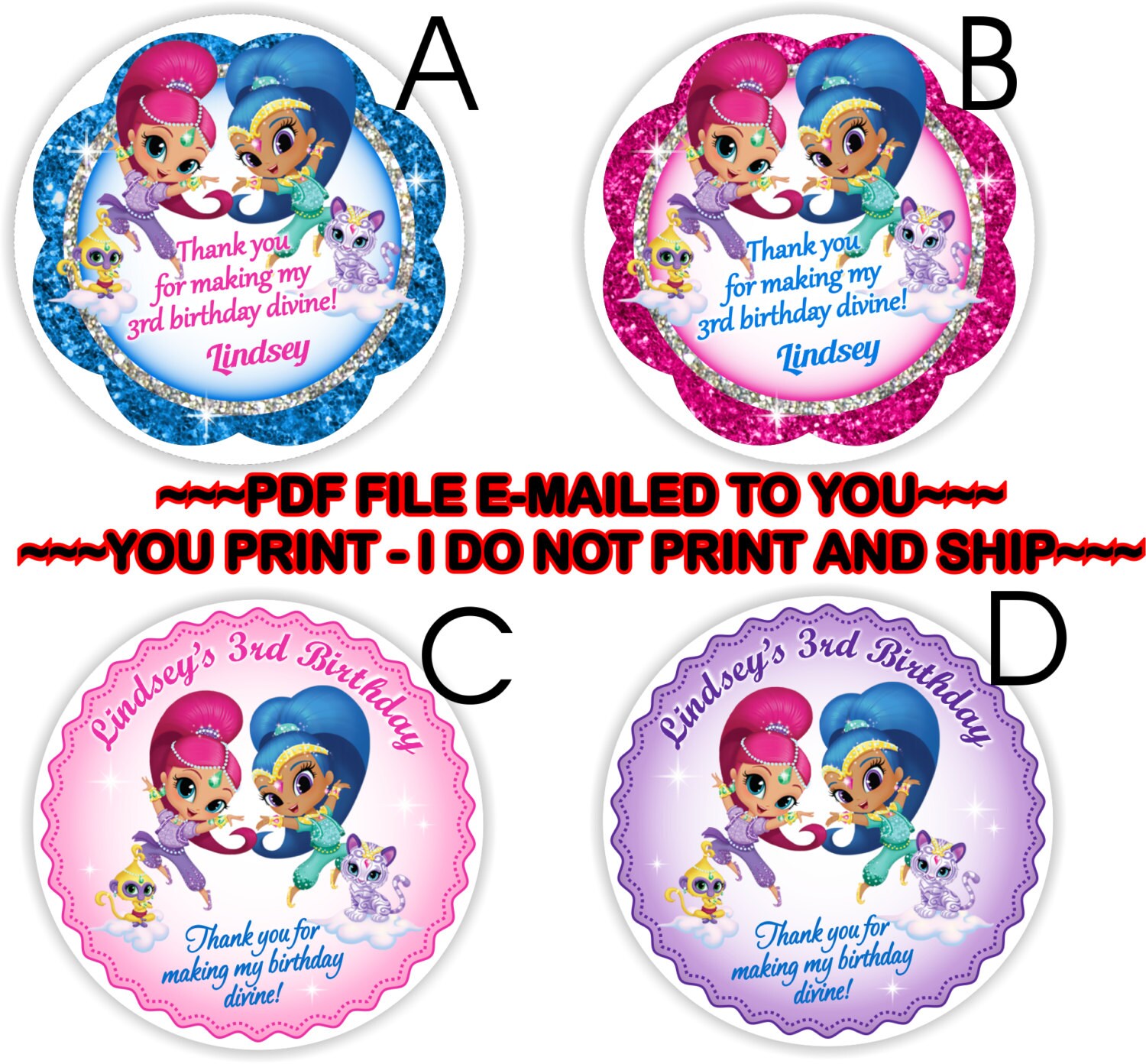Shimmer and Shine Thank you Shine Sticker Cupcake Topper