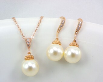 Rose gold pearl set, Bridesmaid Gift Bridal necklace and earrings set, Swarovski Pearl Rose gold Earrings and Necklace Set Pearl bridesmaid,