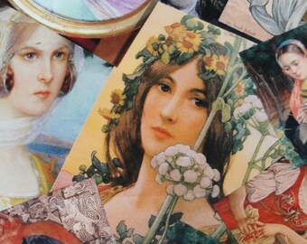 Portraits of Ladies printed Cotton fabric art Nouveau, Victorian, Reminiscence, popart