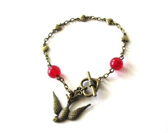 Swallow bracelet red jade jewelry antique brass bronze heart toggle clasp - Red stone bracelet