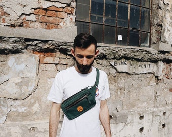 Green leather fanny pack| Leather waist bag