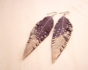 Burgundy, Copper and Silver Hand-painted Reclaimed Leather Feather Earrings