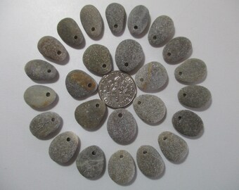 BEACH SEA STONE 15mm Beads 25 Top Drilled Pendants Flawless Grey Khaki Real Surf Tumbled Natural Jewelry Rock Greek Pebble Bead Peb 1506
