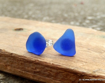 Mermaid Post Earrings - BLUE -Organic Sea Glass Earrings with Genuine Natural Amalfi Sea Glass /nr30