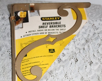 Vintage Stanley Steel Shelf Brackets Textured Brass Finish Pair NIP with Hardware