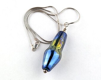 Blue Irridescent Pendulum Lampwork Glass Bead Pendant by Chase Designs