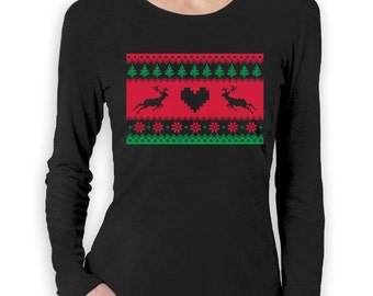 Reindeer Ugly Christmas Sweater Stripe - Women's Long Sleeve