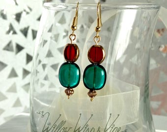 Czech Glass Earrings - Red and Gold