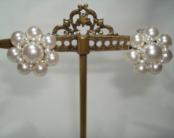 Shimmering White Vintage Simulated Pearl Beaded Earrings Made in JAPAN.