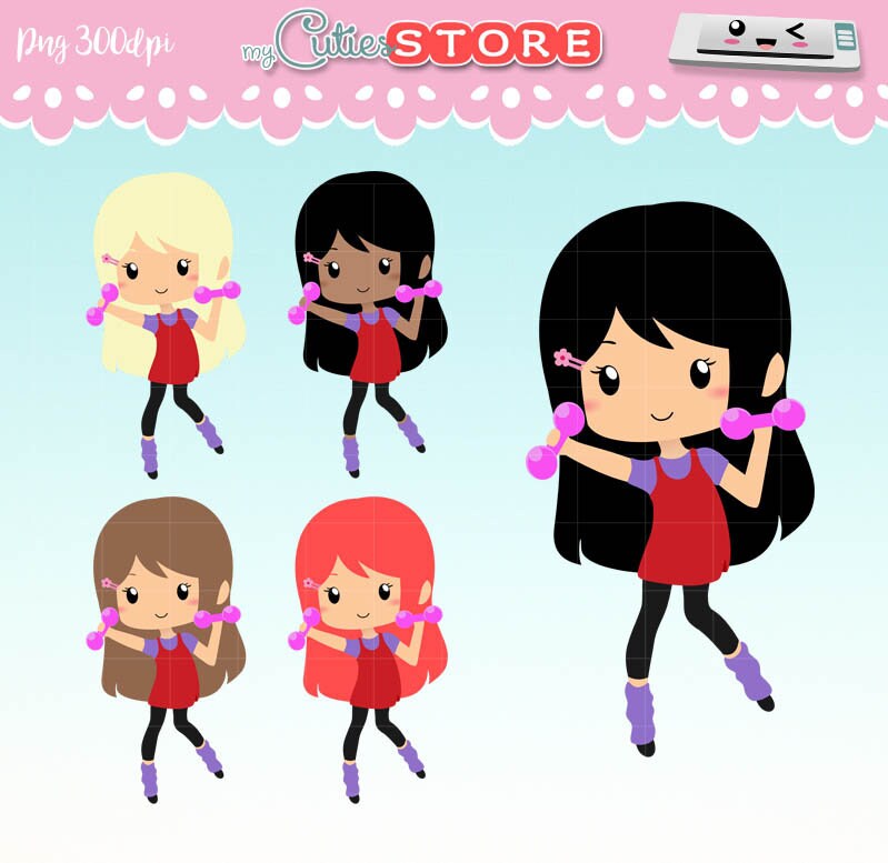 Chibi Fitness Workout Clipart. Cute chibi characters at gym.