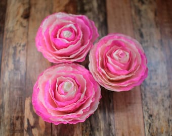 Pink White Fossilized Ranunculus Flowers - One Dozen- for Weddings, Home Decorations, Scrapbooking and Floral Arrangements