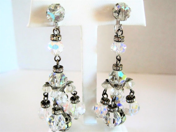 Crystal Dangle Earrings, Faceted Chandelier Dangles, Elegant Social Occasion Earrings, Mid Century Clip On Crystals