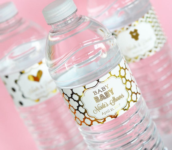 Baby Shower Water Bottle Labels Pink and Gold Baby Shower