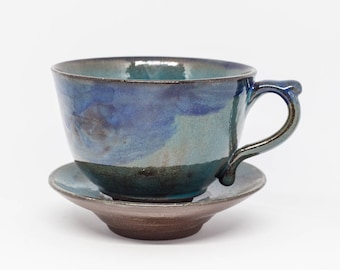 Handmade ceramic cup with saucer. Cappuccino blue pottery coffee cup Large ceramic pottery mug Ceramic blue cup Pottery mug Ceramic mug