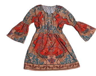 women fashion long sleeve multi-colored mini dress with collect waist v-neck and opening with a string