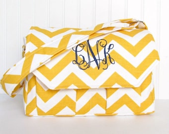 Personalized Chevron Padded Compact Camera Bag in Yellow and Navy Large Canon Rebel T3i EOS 55mm or Digital Monogrammed Bag