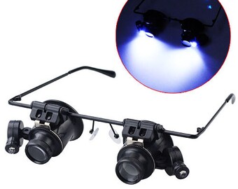 Dual 20X Magnifying eye Glasses w/ led lights Magnifier glass loupe glass magnify close up 20 magnification light, http://1supply.etsy.com