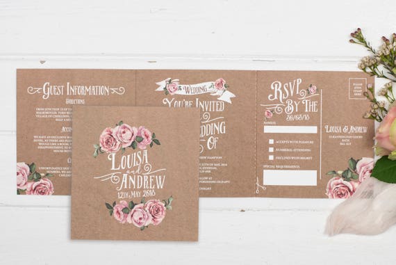 Rustic Wedding Invitation - Double-Folded Kraft Rustic Rose (landscape)