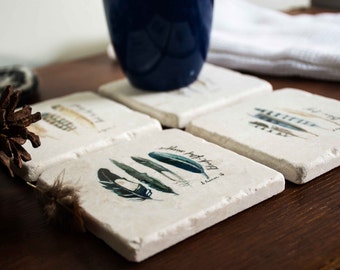 Marble coaster set of 4 / Watercolour designs / Feathers
