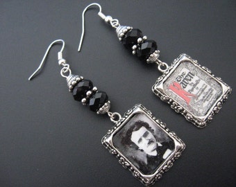 Poe Earrings, Poe Jewelry, Raven Crow Earrinigs, Raven Crow Jewelry, Horror Earrings, Mystery Macabre Jewelry,Rocker Earrings,Rocker Jewelry