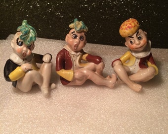 3 Vintage Hand Painted Curious Pixie Elf Figurines