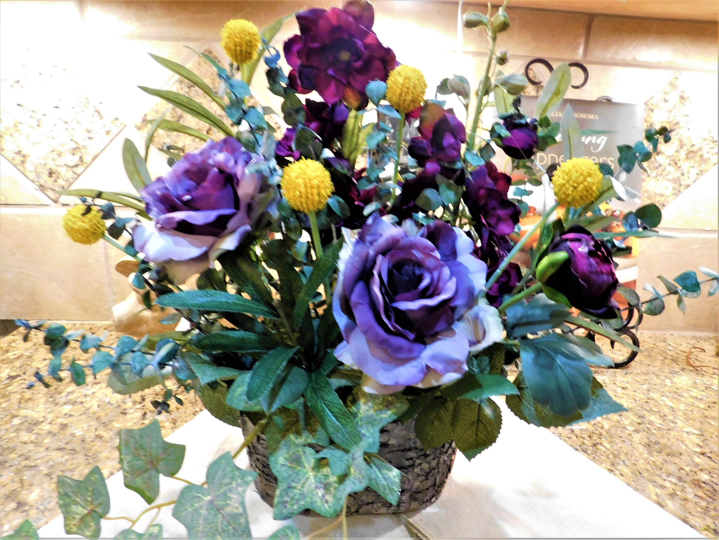 Silk flower arrangement Purple Lavender yellow Flower