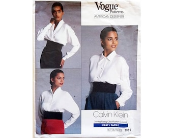 UNCUT Vintage Vogue American Designer 1981 Calvin Klein Shawl or Regular Collar Blouse Shirt Sewing Pattern Size Bust 36" UK 14
