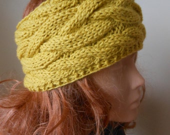 Cable Hand Knit Headband Ear Warmer Head Warmer Mustard Yellow