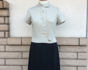 Vintage 60s Mod Knit Dress in Beige and Black by Alison Ayres Size Medium