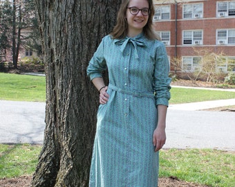 Vintage Green Floral Long Sleeve Housewife Dress With Tie Neck