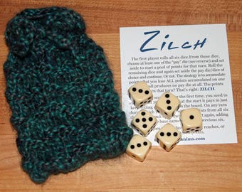 Zilch dice game with handknit bag