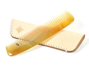 Handmade Double Tooth Horn Comb With Vegetable Tan Leather Sleeve Case