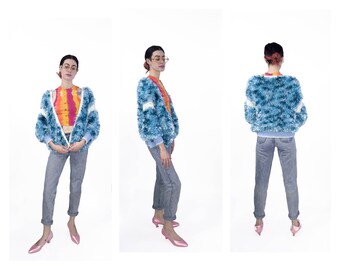 80's Handknit Blue Fuzzy Cardigan Sweater
