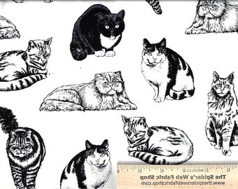 CATS in the HOUSE Fabric - Cat - by Timeless Treasures from 2007 Black & White - Kittens - Novelty - Quilt Shop Quality - 100% Cotton