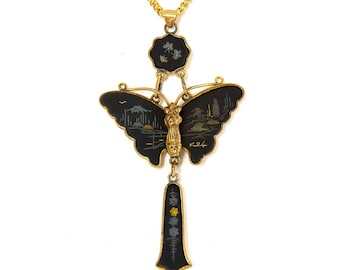 Vintage Japanese Damascene Butterfly Moth Pendant with 24K Gold & Silver - Shakudo