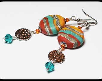 Painted Desert... Handmade Jewelry Earrings Beaded Lampwork Crystal Southwest Turquoise Aqua Orange Rust Terra Cotta Silver Dangle Long