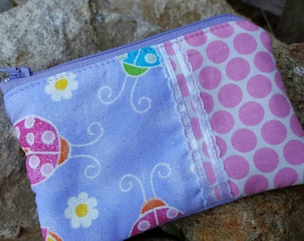 Ladybug Coin Purse, Girls Zipper Wallet, credit card pouch, girls coin pouch, kids zipper bag, lunch money pouch, change purse