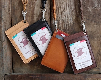 Genuine Leather Handmade ID badge holder pass holder cord detachable name tag holder gift for him gift for her