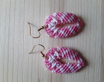 Pink and white macrame earrings