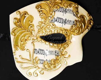 New! Men's Masquerade Mask, Gold Phantom Mask, Phantom of the Opera Mask, Mask with Music Notes, Masquerade Mask Men, Mardi Gras