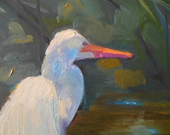 Wildlife Painting, Original Snowy Egret Painting, Bird Painting, 11x14" Oil Painting on Panel, Free shipping in US