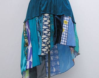 Blue skirt, plus size skirt, upcycled skirt, patchwork skirt, deconstructed skirt, refashioned skirt, 1x 2x 3x 4x 5x, boho festival skirt