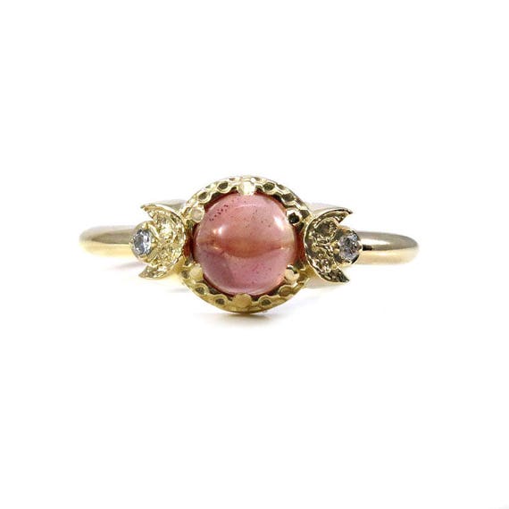 Pink Oregon Sunstone Gold Moon Ring with Tiny Diamonds - Alternative Engagement Ring