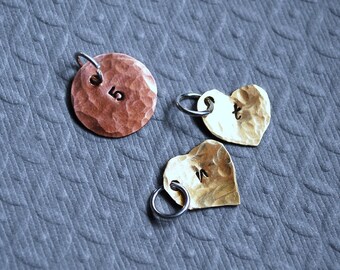 Hand-Stamped, Personalized Brass Heart or Copper Circle Charm