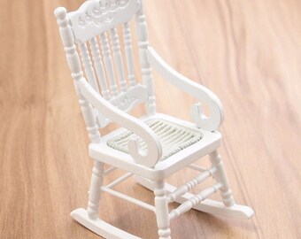 New 1:12 Dollhouse Miniature Furniture White Brown Wooden Rocking Chair Hemp Rope Seat For Dolls House Accessories Decor Toys