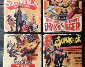 Vintage Kung Fu Poster Tile Set x4