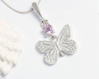 Butterfly Necklace, Silver Butterfly, Fine Silver Necklace, Silver Necklace, Pink Necklace, Butterfly Jewelry, Eco-friendly Jewelry