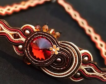 Brown gold handmade soutache necklace