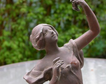 French antique art nouveau Tulipe Charles Ruchot heavy metal sculpture heavy metal Bronze patina statue woman with grape ornate woman Signed