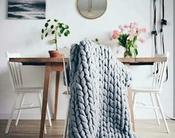 Chunky Knit Blanket. Super Merino Wool, Super Chunky Knits, Chunky Blanket,Knit Throw Blanket,Lana Gigante,Arm knit
